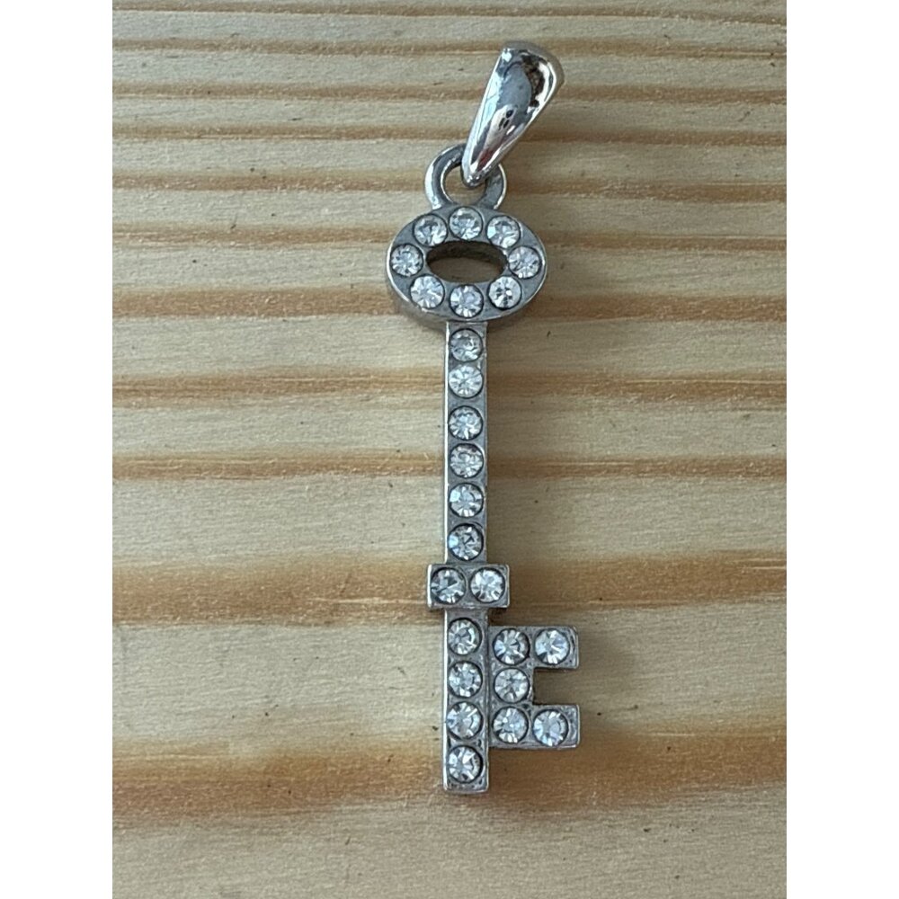 Silver Key Pendant With Clear Rhinestones